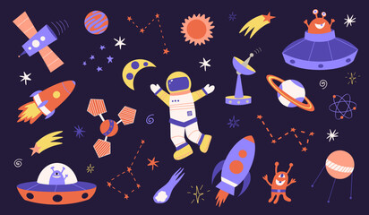 Cute doodle Space set, rocket, planet, ufo and more. Hand drawn kids style vector illustration. Space adventure, space explorer, technology, spaceship concept.