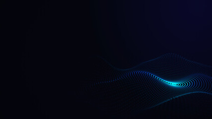 Futuristic dark background. The ripple effect of a web of blue dots. Big data. Illustration of technologies and artificial intelligence. The effect of particle oscillation. 3D rendering.