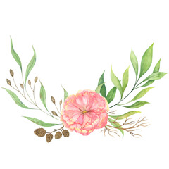 Frame with peony and herbs. Watercolor wreath with flower, aspen cones, dry branch, green leaves. Decorative bouquet.