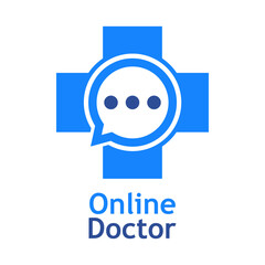 Telemedicina. Logo de médico en línea. Atención médica remota. Silueta de burbuja de habla sobre cruz medicina aislada