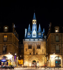 Night view of the famous Porte Cailhau in Bordeaux