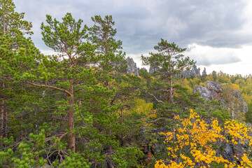 Beautiful view from the Inzer rocks to Ural mountains. Russia, South Ural, Bashkortostan Republic, Beloretsky district, near the Tirlyansky village.