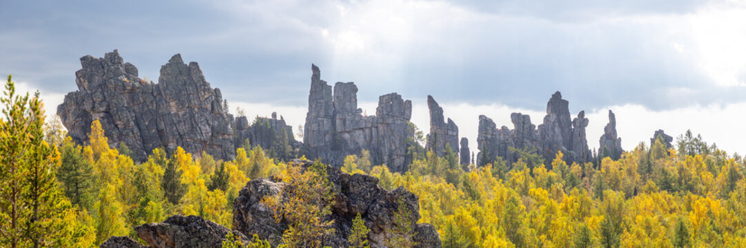 Inzer teeth (Inzer rocks) near the Tirlyansky village. Russia, South Ural, Bashkortostan Republic, Beloretsky region.