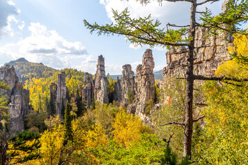 Inzer teeth (Inzer rocks) near the Tirlyansky village. Russia, South Ural, Bashkortostan Republic, Beloretsky region.