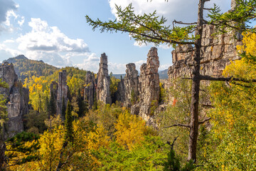 Inzer teeth (Inzer rocks) near the Tirlyansky village. Russia, South Ural, Bashkortostan Republic, Beloretsky region.