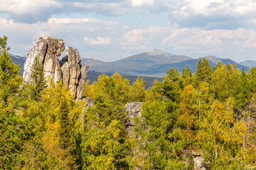 Inzer teeth (Inzer rocks) near the Tirlyansky village. Russia, South Ural, Bashkortostan Republic, Beloretsky region.