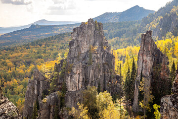 Inzer teeth (Inzer rocks) near the Tirlyansky village. Russia, South Ural, Bashkortostan Republic, Beloretsky region.