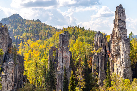 Inzer teeth (Inzer rocks) near the Tirlyansky village. Russia, South Ural, Bashkortostan Republic, Beloretsky region.