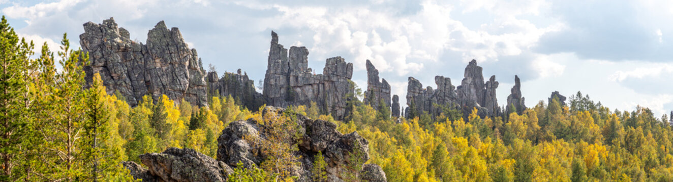 Inzer teeth (Inzer rocks) near the Tirlyansky village. Russia, South Ural, Bashkortostan Republic, Beloretsky region.