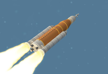 Space launch. Orange rocket takes off into space