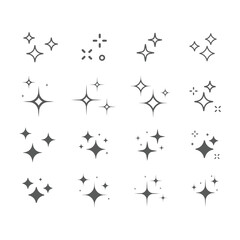 Clean, shine and sparkle black vector icon set. Star shining filled and line icons. 