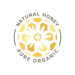 Natural organic honey label. Colorful badge with flower and honeycomb.