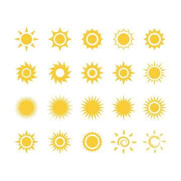 Sun and rays vector icon set. Simple filled sunshine icons.