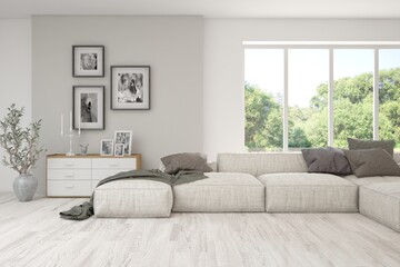 White living room with sofa and summer landscape in window. Scandinavian interior design. 3D illustration