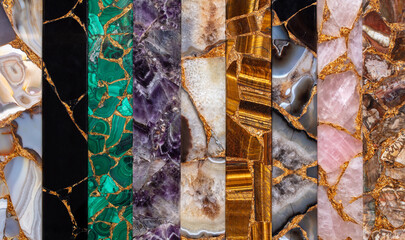 Set of semi precious stones. Agate Atena, Tigers Eye Golden, Rose Quartz, Petrified wood, Black...
