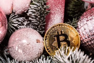 Christmas decorations, red balls and golden souvenir crypto currency Bitcoin on decorative New Year tree branch