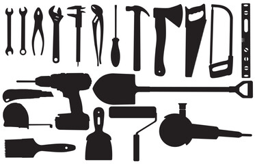 Black silhouette of a set of tools for repairs in the house isolated on a white background. Repair tool. vector illustration