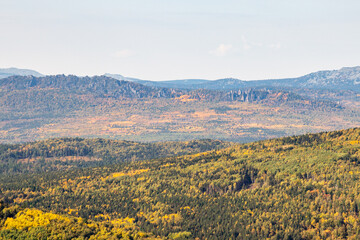 Beautiful view from the Sudovaya mountain to Inzer rocks, Yamantau mountain, Iremel mountain. Russia, South Ural, Bashkortostan Republic, Beloretsky district, near the Tirlyansky village.