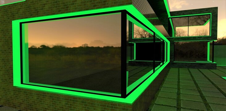 Green luminescent paint in the window openings makes the facade of an advanced private house individual and exclusive. You can create any shapes. Looks very cool at night. 3d render.