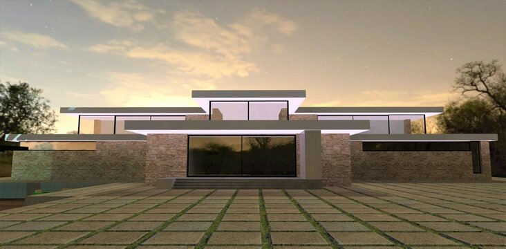 Lighting a modern home designed in a minimalist style. Looks good at night. LED strip along the facade of the building. Massive square paving stones. 3d render.