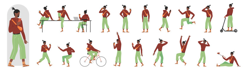 African american black young man poses in front, side and back view set vector illustration. Cartoon guy with beard and sunglasses riding electric scooter and bicycle, doing selfie, talking on phone