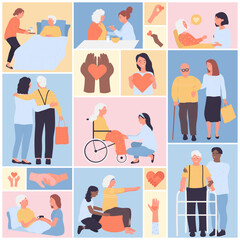 Fototapeta premium Volunteers help elder people set vector illustration. Cartoon young nurses hug senior patients, support and assistance for smiling old person in square collage background. Voluntary, charity concept