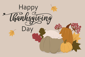 Thanksgiving card with cat. Vector illustration