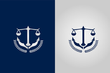 law office logo concept design with greek style columns formed by scales of justice and ship hook