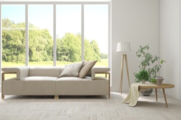 Minimalist living room in white color with sofa and summer landscape in window. Scandinavian interior design. 3D illustration
