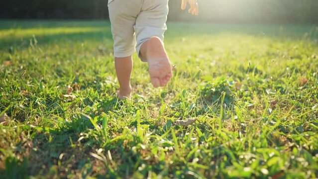 baby running in the park with bare feet. close-up of the kid leg runs in the summer on the green grass at sunset in the park. happy family kid concept. baby running and playing dream in the park