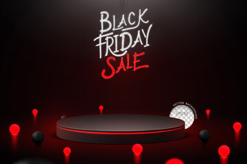 Black friday sale podium with neon Lettering 3D and glow ball realistic on black background. vector illustration