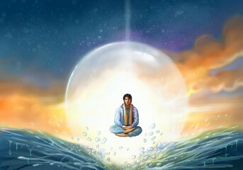 The man meditated, the figure floating above the split water surface.
digital painting art style, illustration.

