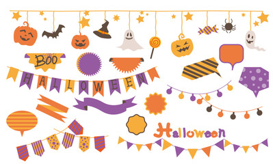 Set of Halloween decoration elements. Garland, flag, tag, speech bubbles, ribbon and sticker. Happy Halloween decoration icons collection. Vector illustration. 