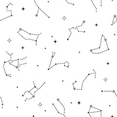 Celestic seamless pattern constellations and stars on white background. Magic zodiac texture. Mystical esoteric boho background for fabric, astrology, wrapping paper. Vector illustration