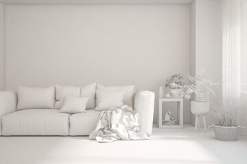 Mock up of stylish room in white color with sofa. Scandinavian interior design. 3D illustration