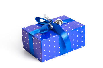 Blue Gift Box With blue Ribbon and toy on white Background. Christmas present box