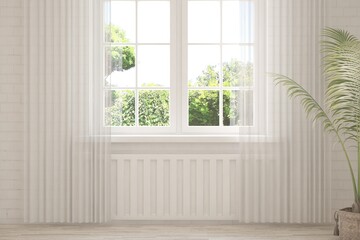 Fototapeta na wymiar White empty room with summer landscape in window. Scandinavian interior design. 3D illustration