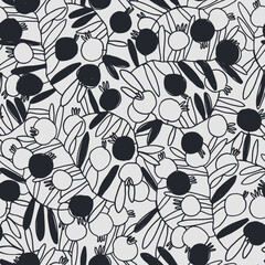 Seamless pattern with hand drawn meadow flowers in Ditzy style. Outlined illustrations on dark background for surface design and other design projects