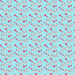 A seamless repeating pattern of hand drawn generic white video game controllers and red hearts on a light blue background. Tiled video game motif.