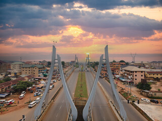 An overhead view of the bridges in the city of Awka, Anambra state showing the skyline at sunset