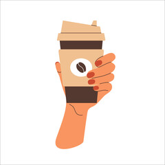 Female hand holding paper cup of coffee take away. Hot cappuccino to go. Warm beverage vector illustration isolated on white background