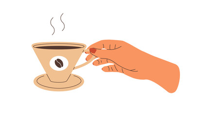Cup of black coffee flat illustration. Female hand with manicure holding beverage. Hot drink for breakfast vector design