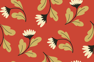 Seamless pattern with decorative art autumn botany. Elegant floral print, vintage style botanical background with hand drawn wild plants: flowers, leaves on a branch. Vector illustration.