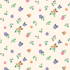Seamless floral pattern, pretty ditsy print with liberty flower composition on white background. Romantic surface design with small hand drawn plants: cute flowers, leaves. Vector.