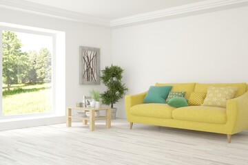 White living room with sofa and summer landscape in window. Scandinavian interior design. 3D illustration