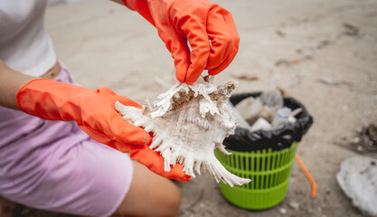 A female ecologist volunteer cleans the beach on the seashore from plastic and other waste