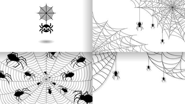 Set Spiders on Web Collection with white Background. Halloween Background Design Element. Spooky, Scary Horror Decoration Vector