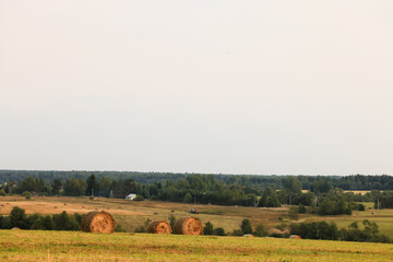 cloudscape field hay rolls sky clouds autumn, gloomy weather agriculture