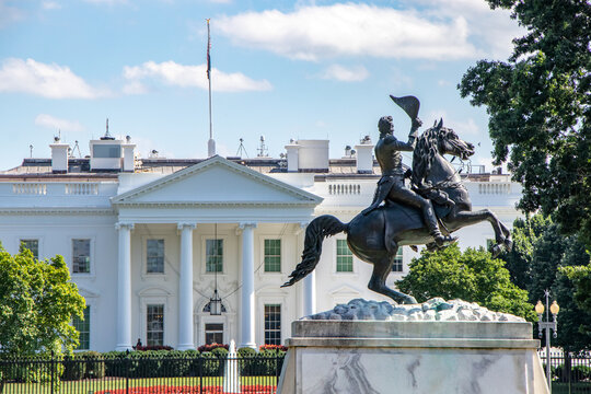 Andrew Jackson Statue In Lafayette Square And White House In Washington, DC - United States Of America	