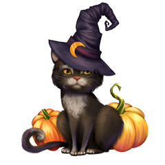 Black cat with pumpkins. Halloween illustration